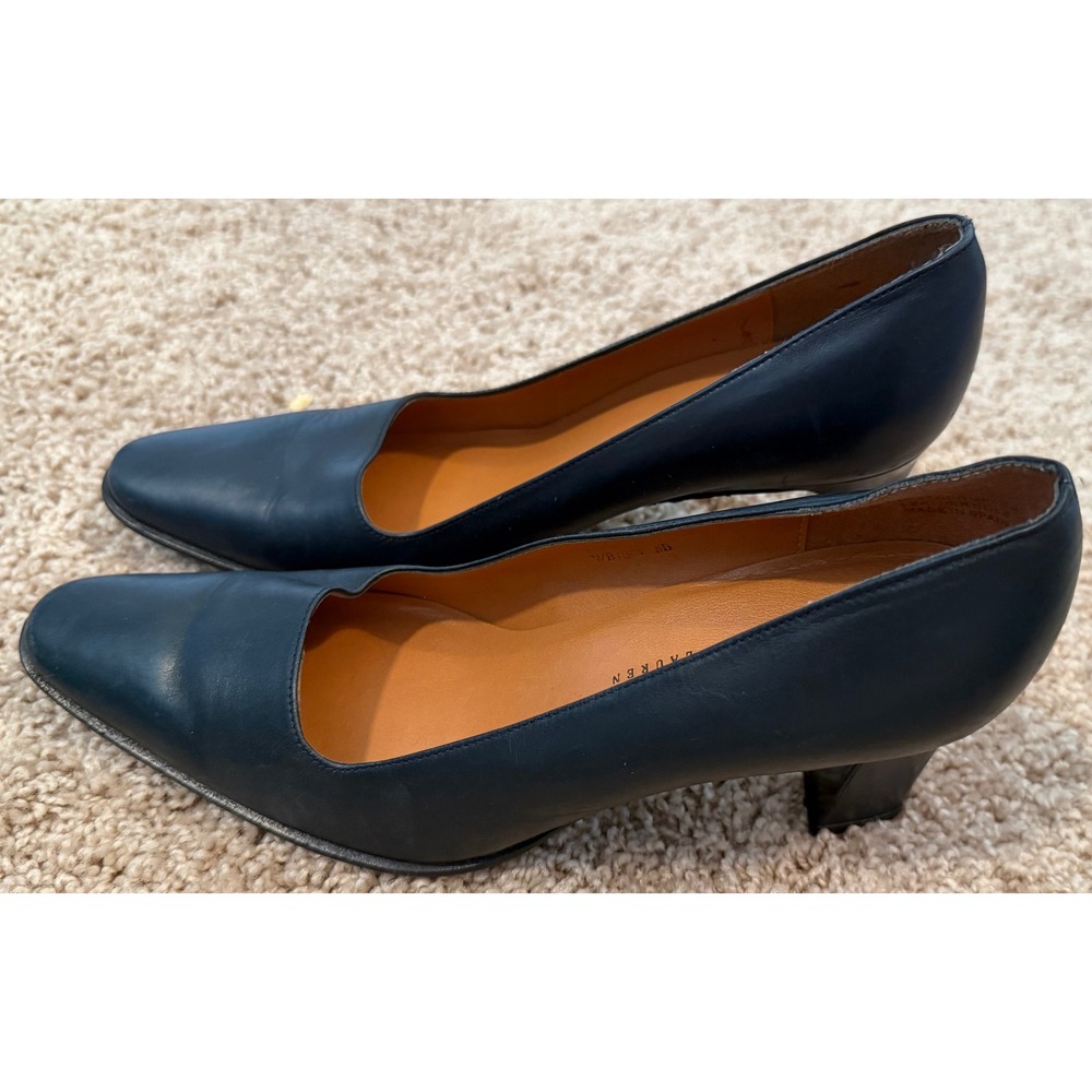 Lauren Ralph Lauren Navy Blue Leather Pumps Almond Toe Block Heel Spain Size 6B